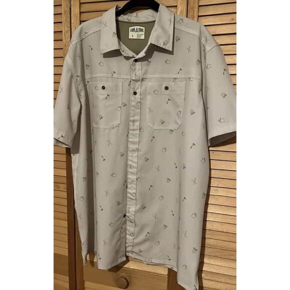 Lake & Trail Dri Wick Camp Themed Short Sleeve Button Up Mens L Shirt/CHARITY SA - Picture 1 of 7